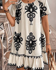 Abrikoos losse jurk met westerse print en ruches met korte mouwen - Bella Fit™