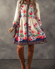 Abrikooskleurige Bloemenprint Mini - jurk met Knoopjes en Hoge Taille - Bella Fit™