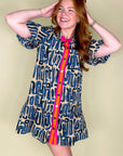 Beige Mini - jurk met Abstracte Print, Pofmouwen en Knoopsluiting - Bella Fit™