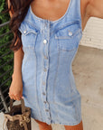 Blauw Slim Fit Denim Mini - jurk – Lichtgewassen, Mouwloos en met Borstzakken - Bella Fit™
