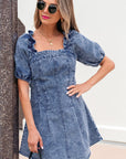 Blauwe denim bustier mini - jurk met vierkante hals, ruches en pofmouwen - Bella Fit™