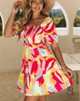 Gesmokte babydoll mini - jurk met kleurrijke geometrische print - Bella Fit™