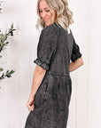 Grijze Denim jurk met Knoopjes, Ruche mouwen en Gewassen Look - Bella Fit™