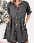Grijze Denim jurk met Knoopjes, Ruche mouwen en Gewassen Look - Bella Fit™