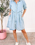 Grijze Denim jurk met Knoopjes, Ruche mouwen en Gewassen Look - Bella Fit™