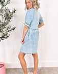 Grijze Denim jurk met Knoopjes, Ruche mouwen en Gewassen Look - Bella Fit™