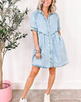 Grijze Denim jurk met Knoopjes, Ruche mouwen en Gewassen Look - Bella Fit™