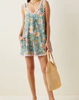 Hemelsblauwe bloemenprint mini - jurk met ric rac - afwerking en V - hals - Bella Fit™