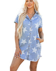 Hemelsblauwe denimjurk met kraag, korte mouwen en gerafelde zoom - Bella Fit™
