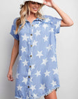 Hemelsblauwe denimjurk met kraag, korte mouwen en gerafelde zoom - Bella Fit™