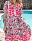 Lichtblauwe Boho Korte Jurk met Halsstrikje en Ruches - Bella Fit™