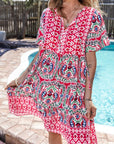 Lichtblauwe Boho Korte Jurk met Halsstrikje en Ruches - Bella Fit™