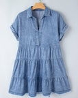 Lichtblauwe Gelaagde Spijkerjurk met V - hals en Acid Wash - effect - Bella Fit™
