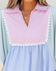 Multicolor gestreepte mini - jurk met patchwork, ric rac - afwerking en pofmouwen - Bella Fit™