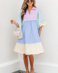 Multicolor gestreepte mini - jurk met patchwork, ric rac - afwerking en pofmouwen - Bella Fit™