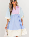 Multicolor gestreepte mini - jurk met patchwork, ric rac - afwerking en pofmouwen - Bella Fit™