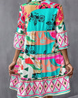 Multicolour Abstracte Mini - jurk met Halve Mouw en V - hals met Inkeping - Bella Fit™