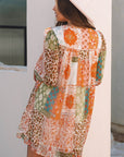 Oranje Boho Paisley gemengde print 3/4 mouw chiffon losse jurk - Bella Fit™