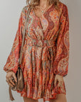 Oranje Boho Paisley - print mini - jurk met lange mouwen en geplooide riem - Bella Fit™