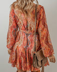 Oranje Boho Paisley - print mini - jurk met lange mouwen en geplooide riem - Bella Fit™
