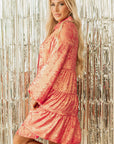 Perzikroze Mini Shirtjurk met Knoopjes, Pofmouwen en Glanzende Metallic Finish - Bella Fit™