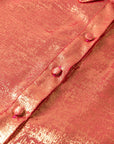 Perzikroze Mini Shirtjurk met Knoopjes, Pofmouwen en Glanzende Metallic Finish - Bella Fit™