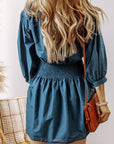 Pruisisch blauwe mini - jurk met 3/4 mouwen, gesmokte taille en knoopsluiting - Bella Fit™