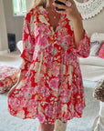 Rode Bloemenprint Babydoll Mini - jurk met V - hals en Hoge Taille - Bella Fit™