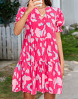 Roze Abstracte Print Jurk met Pofmouwen en Losse Gelaagde Snit - Bella Fit™