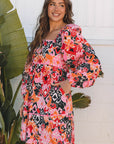 Roze boho mini - jurk met vierkante hals en pofmouwen - Bella Fit™
