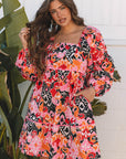 Roze boho mini - jurk met vierkante hals en pofmouwen - Bella Fit™