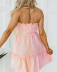 Roze gestreepte strapless mini - jurk met kleurblokken, gesmokte top en knopen - Bella Fit™