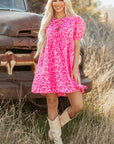 Roze mini - jurk met luipaardprint, pofmouwen, strikdetail en hoge taille - Bella Fit™