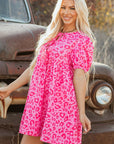 Roze mini - jurk met luipaardprint, pofmouwen, strikdetail en hoge taille - Bella Fit™