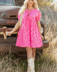 Roze mini - jurk met luipaardprint, pofmouwen, strikdetail en hoge taille - Bella Fit™