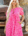 Roze mini - jurk met luipaardprint, pofmouwen, strikdetail en hoge taille - Bella Fit™