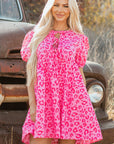 Roze mini - jurk met luipaardprint, pofmouwen, strikdetail en hoge taille - Bella Fit™