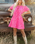 Roze mini - jurk met luipaardprint, pofmouwen, strikdetail en hoge taille - Bella Fit™