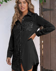 Zwarte Shirtjurk met Pailletten, Knoopsluiting en Borstzak - Bella Fit™