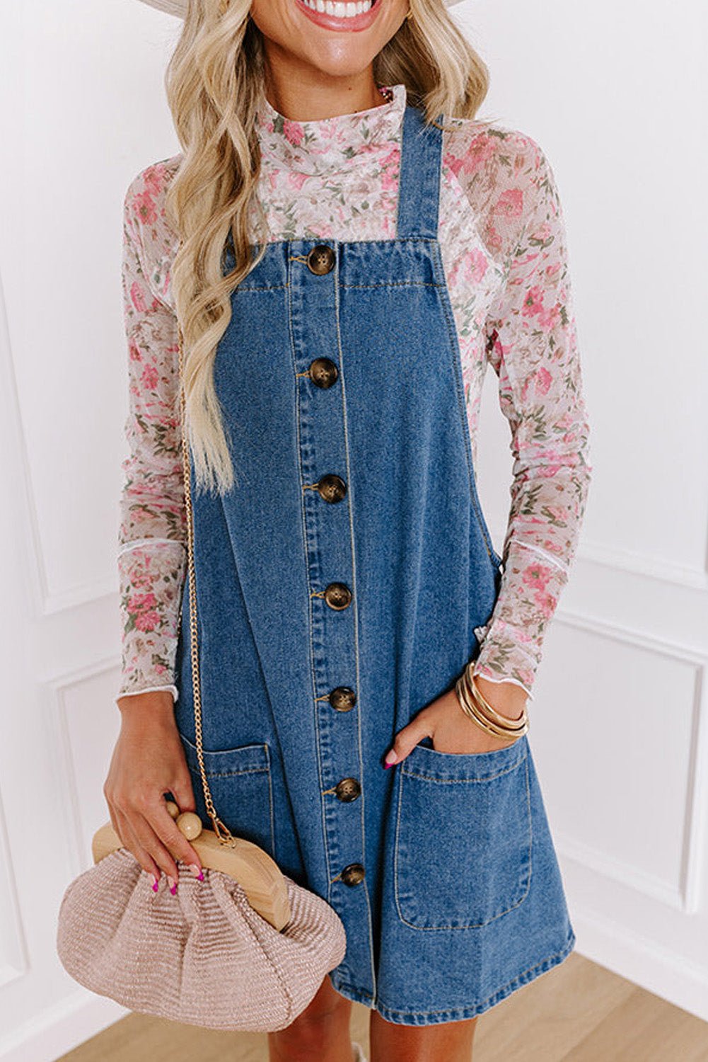 Blauw Denim Mini - jurk met Brede Bandjes, Knoopsluiting en Zakken - Bella Fit™