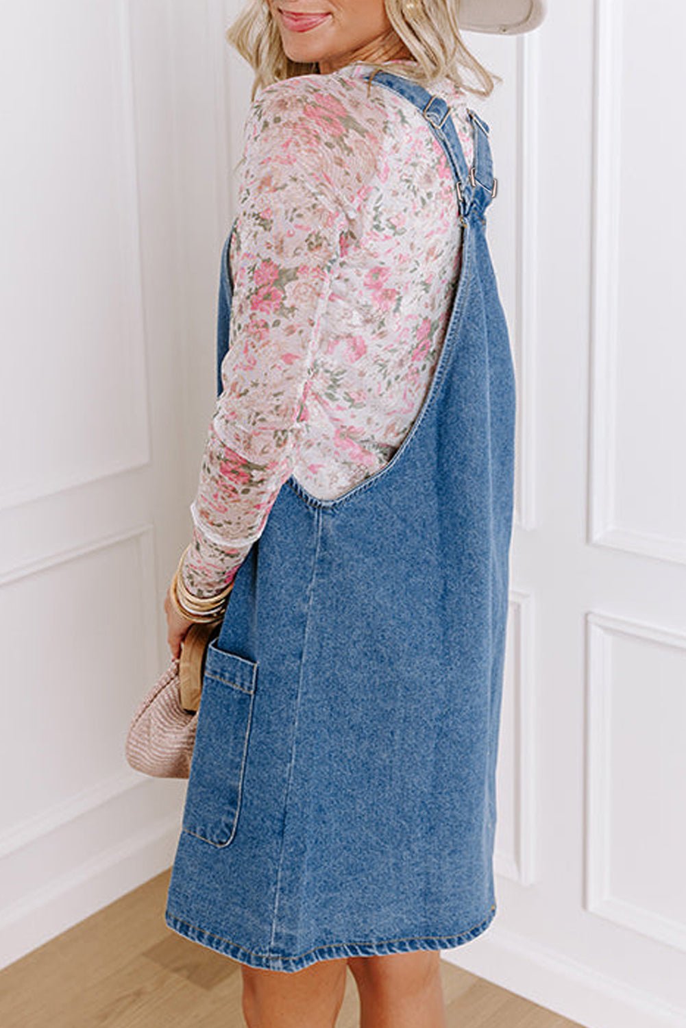 Blauw Denim Mini - jurk met Brede Bandjes, Knoopsluiting en Zakken - Bella Fit™