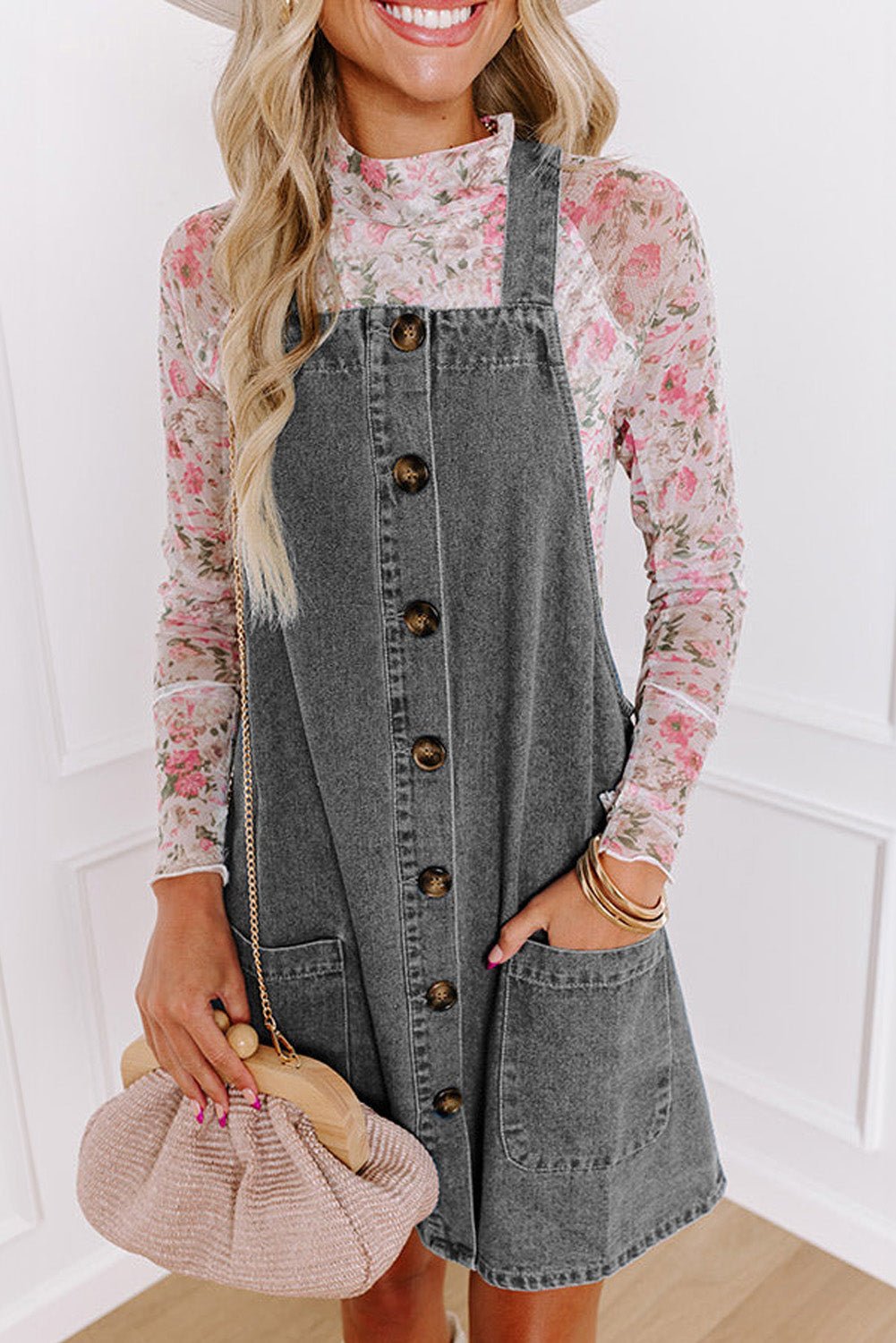 Blauw Denim Mini - jurk met Brede Bandjes, Knoopsluiting en Zakken - Bella Fit™
