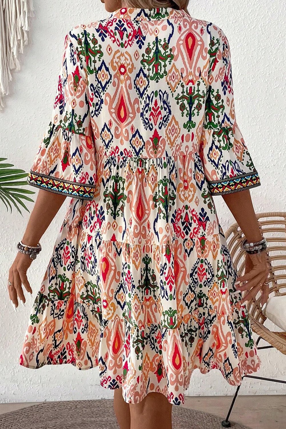 Boho Mini - jurk met V - hals, Armbandmouwen en Multicolour Print - Bella Fit™