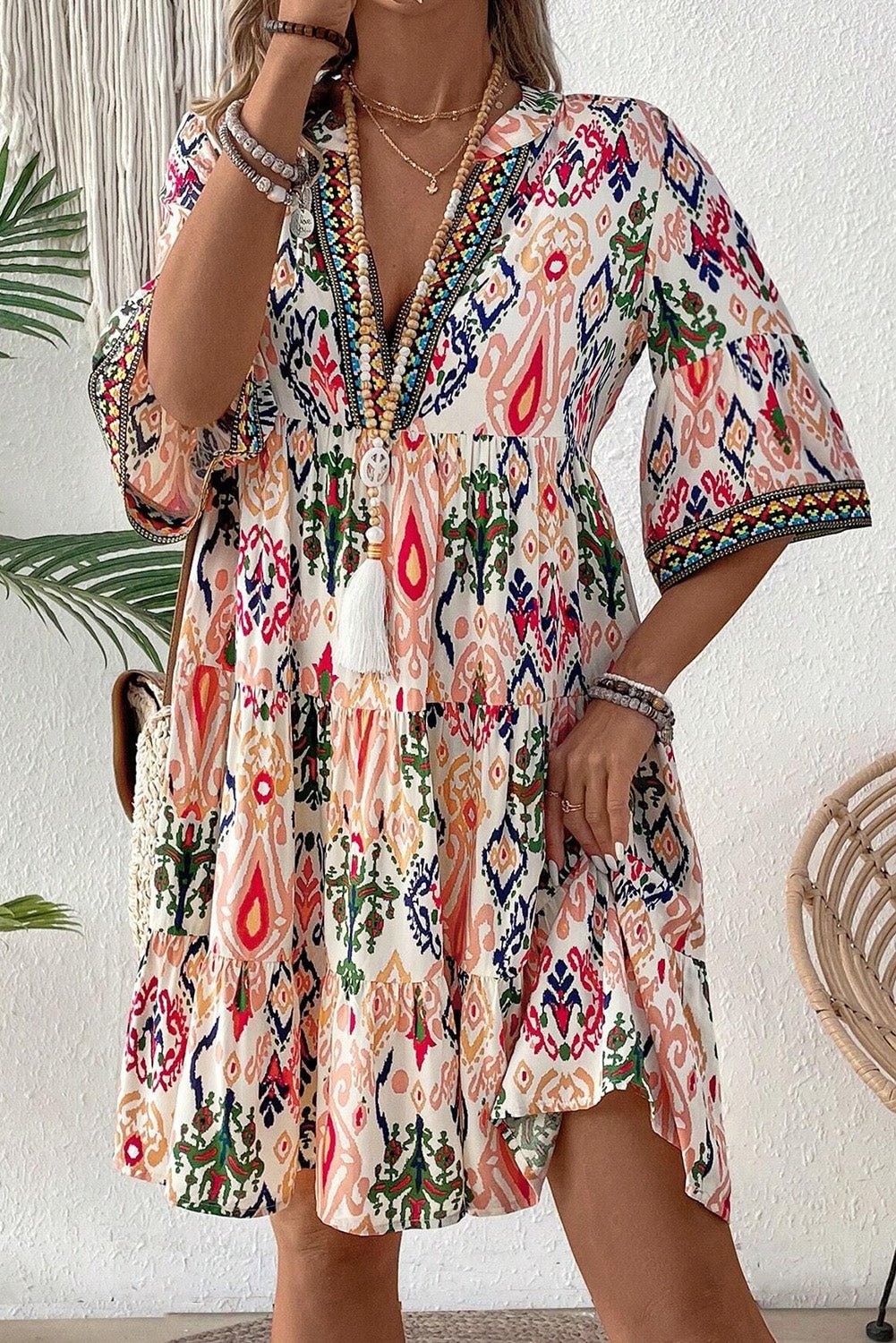 Boho Mini - jurk met V - hals, Armbandmouwen en Multicolour Print - Bella Fit™