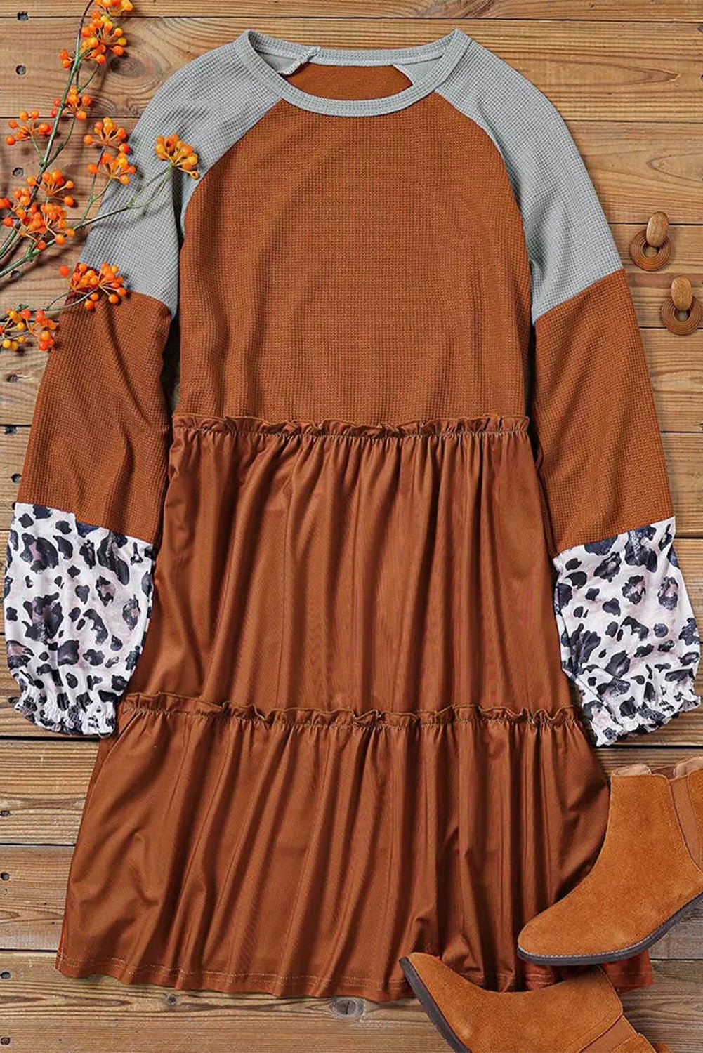Bruine Gebreide Jurk met Luipaard print en Patchwork details - Bella Fit™