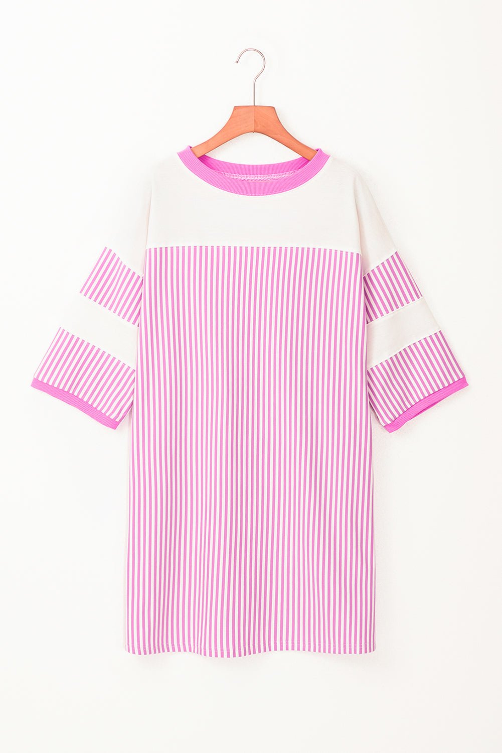 Gestreepte patchwork mini - jurk met driekwart mouwen en losse pasvorm - Bella Fit™