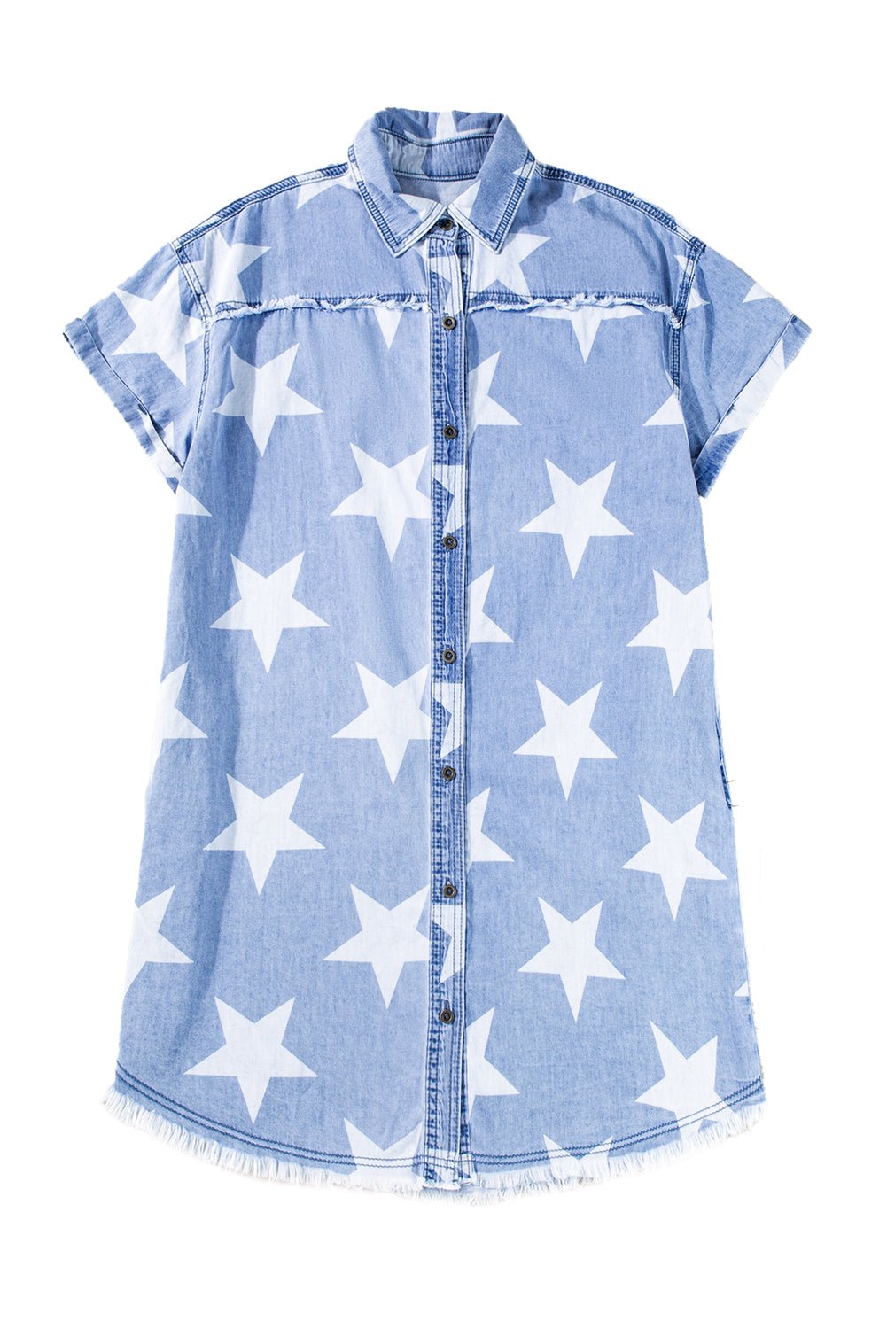 Hemelsblauwe denimjurk met kraag, korte mouwen en gerafelde zoom - Bella Fit™