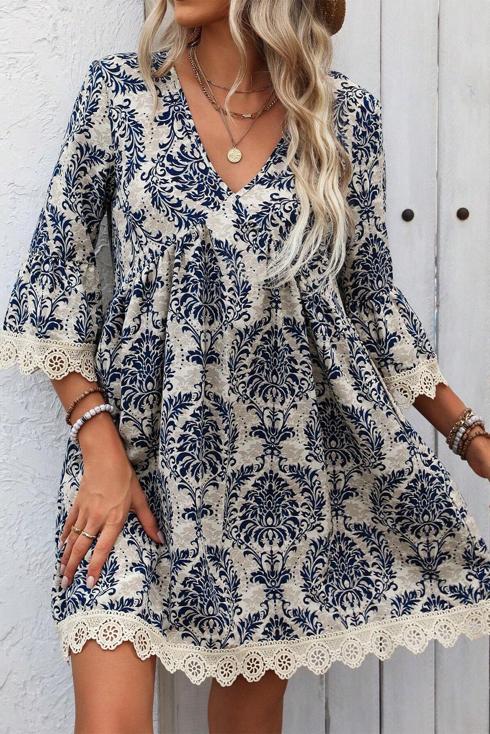 Lichtblauwe Vintage Jurk met Print, Kant en 3/4 Mouwen - Bella Fit™