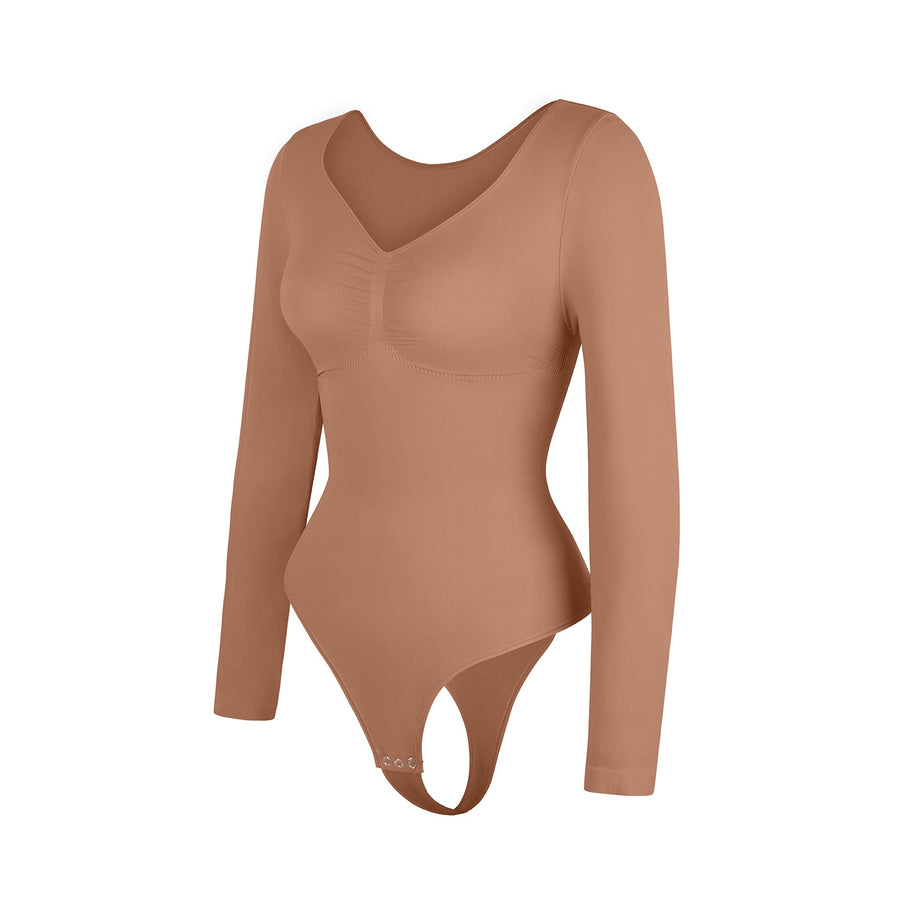 Marcella - Naadloze Lange Mouw Body met String, Borstondersteuning & Buikcontrole - Bella Fit™