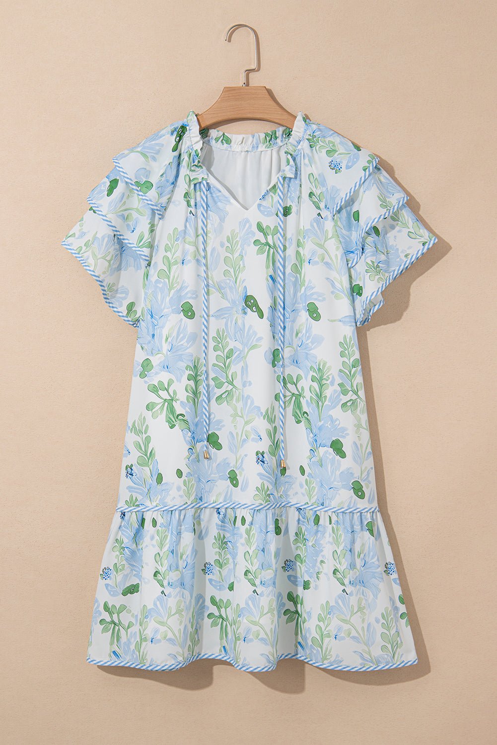 Mini - jurk met Bloemenprint, Contrasterende Randen, Laagjes en Korte Mouwen - Bella Fit™
